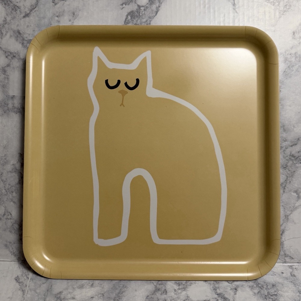 Vintage Ikea Serving Tray Yellow with Abstract Sleepy Cat Kitten 13" Square